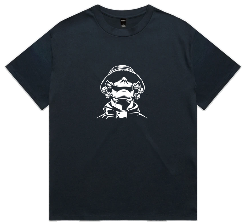 Tambourine Genius heavyweight men’s tee shown front, graphic of a front‑man with parka, bucket hat and tambourine