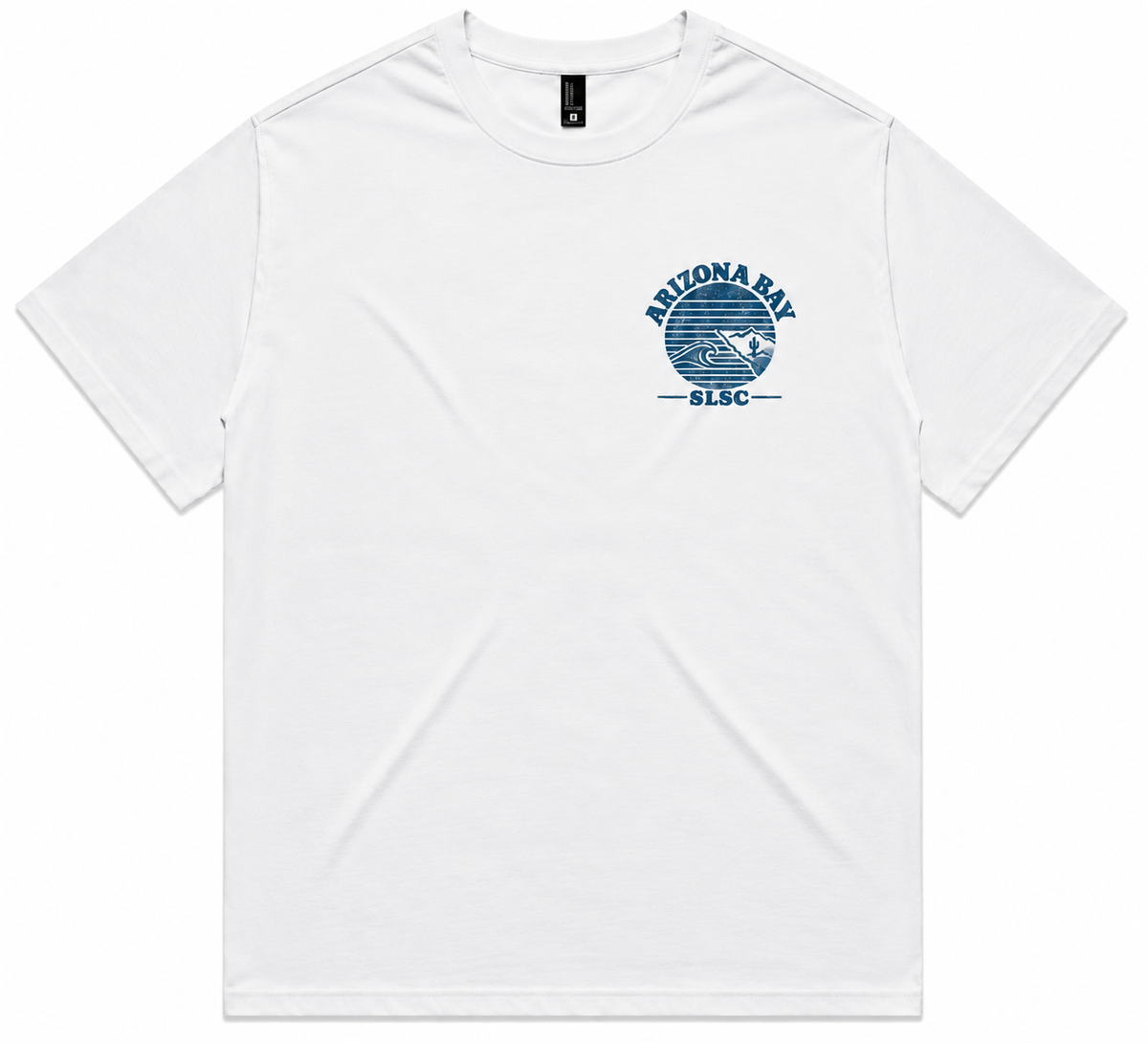 Arizona Bay Surf Life Saving Club heavyweight men's tee front view, white, bold graphic on left chest, blank back and sleeves