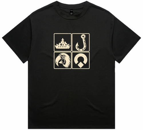 Front view of the Cornerstone Heavyweight Men’s T‑shirt in black with sepia‑tone graphic across chest