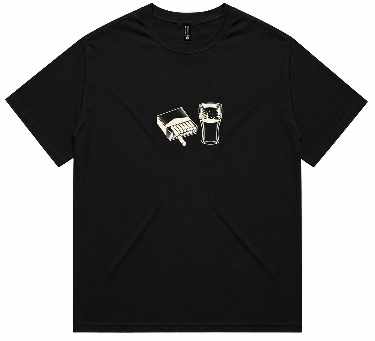 Heavyweight men's T‑shirt in black featuring a bold “Cigarettes & Alcohol” graphic front, crew‑neck, short sleeves