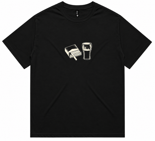 Heavyweight men's T‑shirt in black featuring a bold “Cigarettes & Alcohol” graphic front, crew‑neck, short sleeves