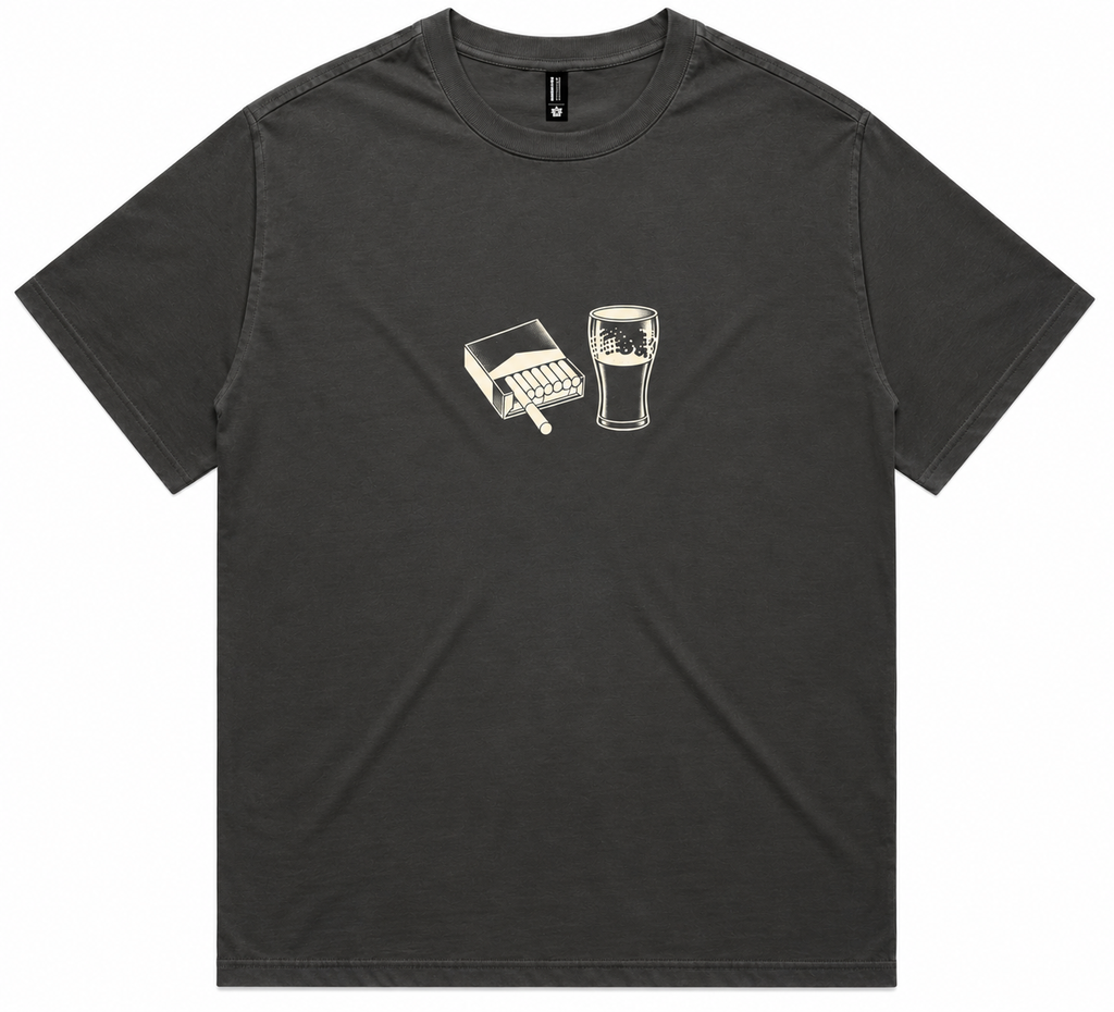 Heavyweight men's tee front‑view with “Cigarettes & Alcohol” Oasis graphic on dark coal fabric, centered across chest.