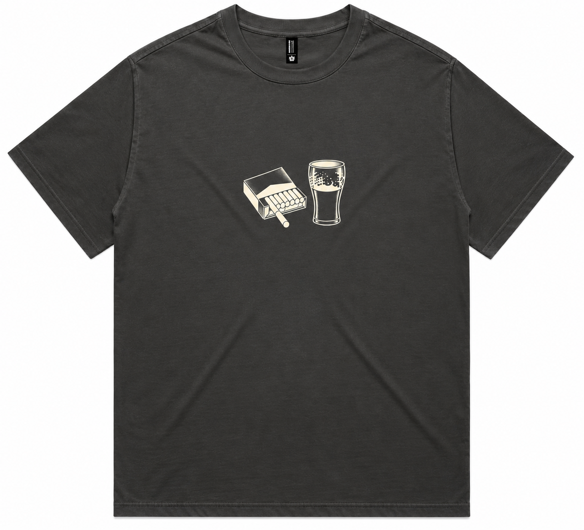 Heavyweight men's tee front‑view with “Cigarettes & Alcohol” Oasis graphic on dark coal fabric, centered across chest.