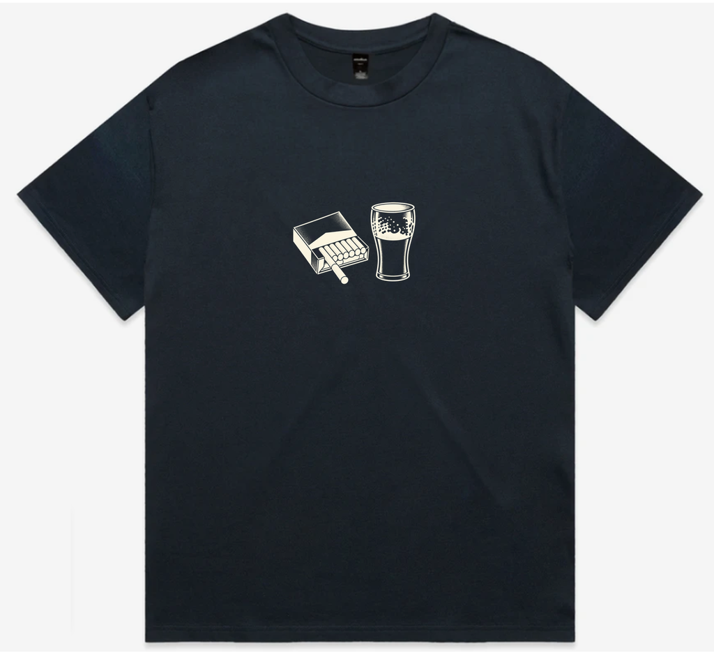 Navy heavyweight men’s T‑shirt front view showing bold “Cigarettes & Alcohol” graphic.
