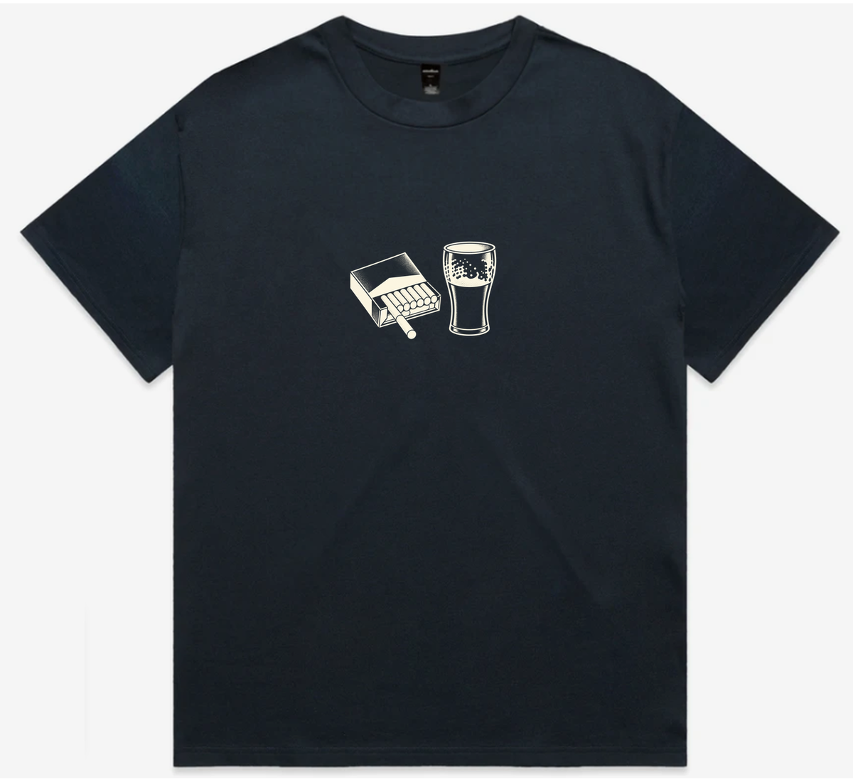 Navy heavyweight men’s T‑shirt front view showing bold “Cigarettes & Alcohol” graphic.