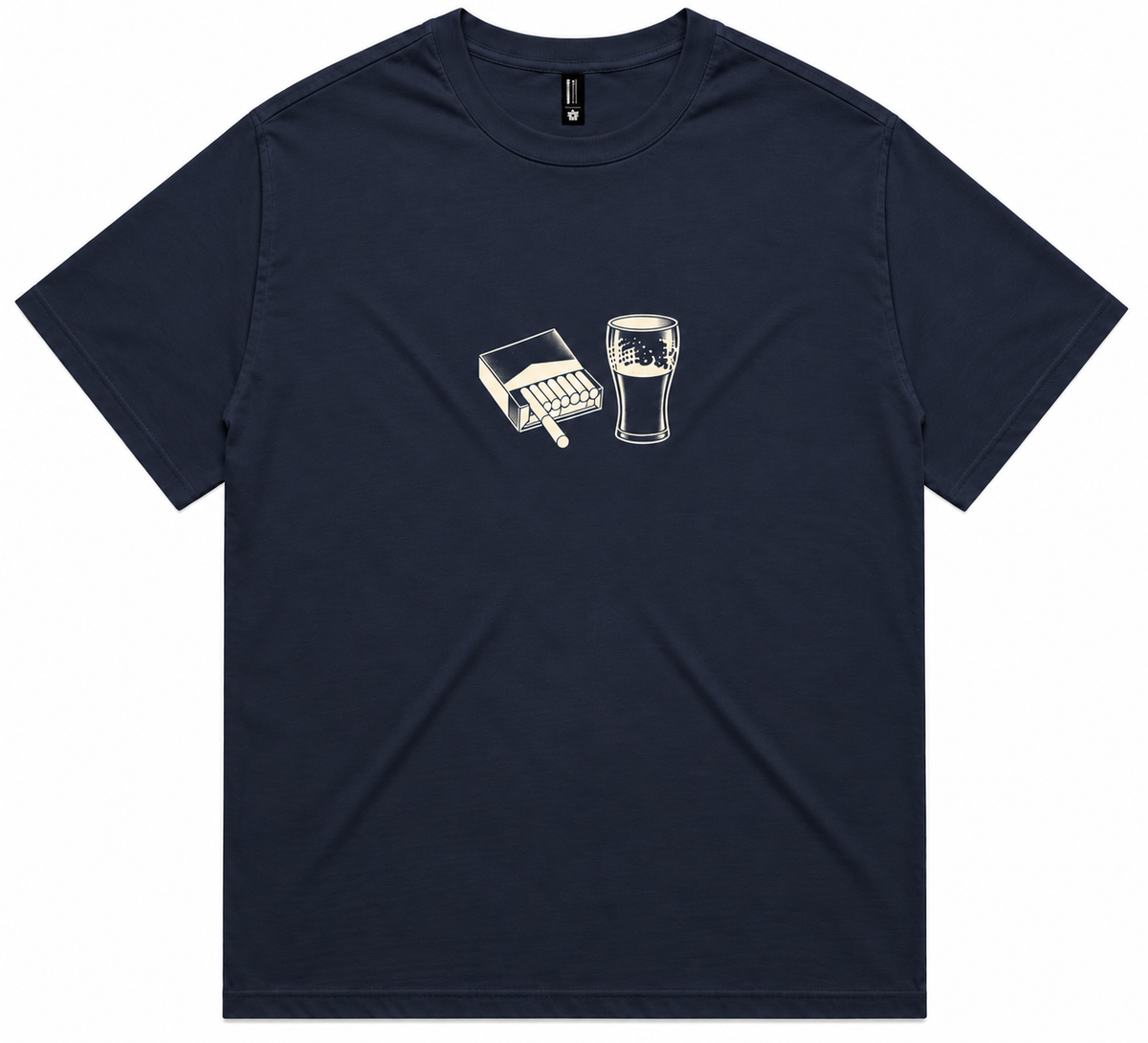 Front view of the Heavyweight Men’s ‘Cigarettes & Alcohol’ navy tee, displaying bold band‑inspired graphic across the chest