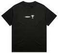 Featherweight Champion T‑shirt displayed front‑on, black cotton tee with light silver Jamie T inspired graphic across chest