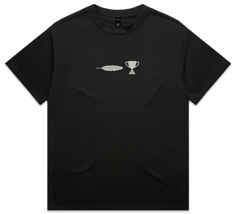 Featherweight Champion T‑shirt displayed front‑on, black cotton tee with light silver Jamie T inspired graphic across chest