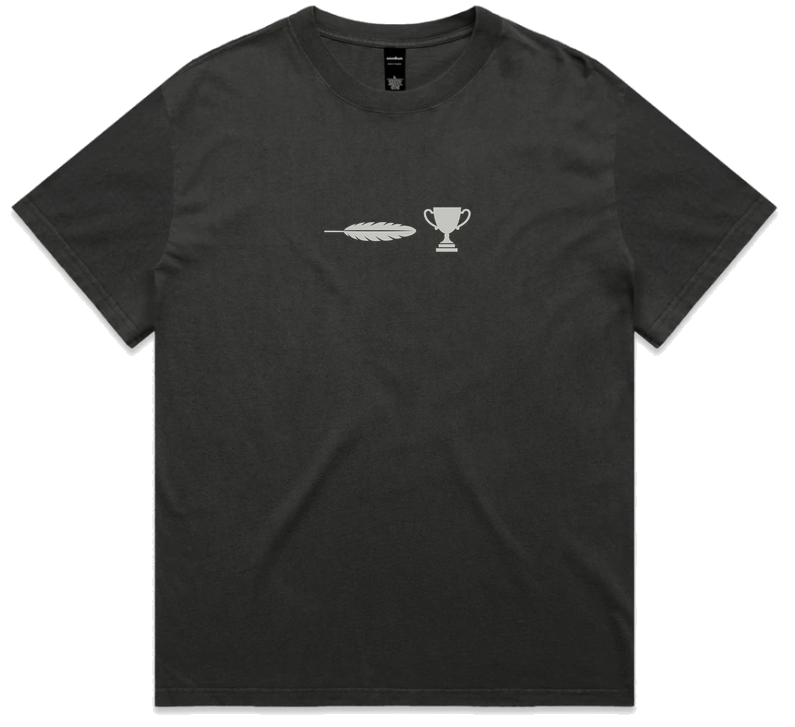 Featherweight Champion men’s tee shown front‑on in coal black, crew‑neck, short sleeves, light silver graphic text across chest