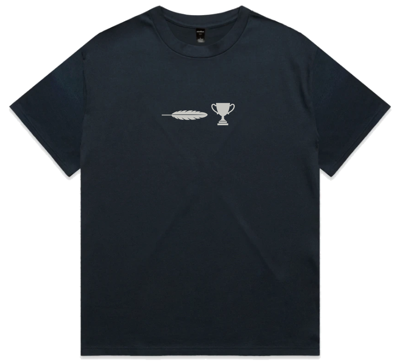 Featherweight Champion T‑shirt in navy, front view showing crew‑neck, light silver Jamie T inspired graphic across chest