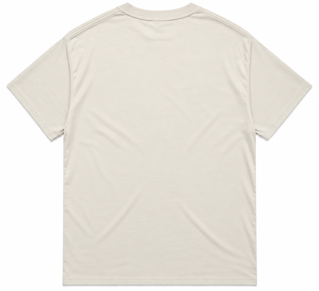 Arizona Bay Surf Life Saving Club men's tee from the back, plain ecru fabric, no graphics, simple crew neck and short sleeves