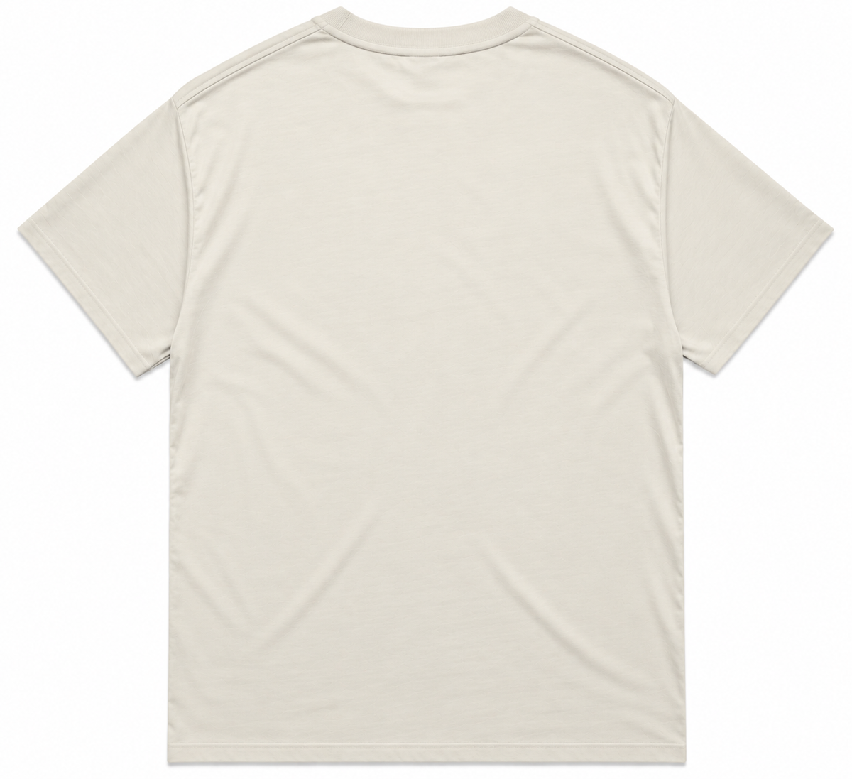Arizona Bay Surf Life Saving Club men's tee from the back, plain ecru fabric, no graphics, simple crew neck and short sleeves