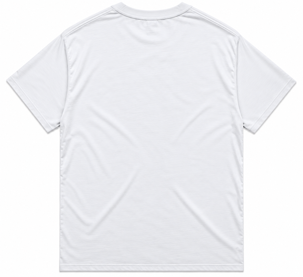 Arizona Bay Surf Life Saving Club men's tee, back view, white fabric with blank back and sleeves, crisp stitching