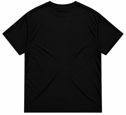 Back view of the Cornerstone Men’s tee in black, showing blank rear and sleeves with sepia‑tone front graphic