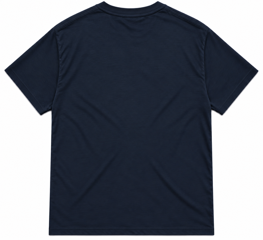 Back view of the Cornerstone men's tee in navy, showing blank back and sleeves.