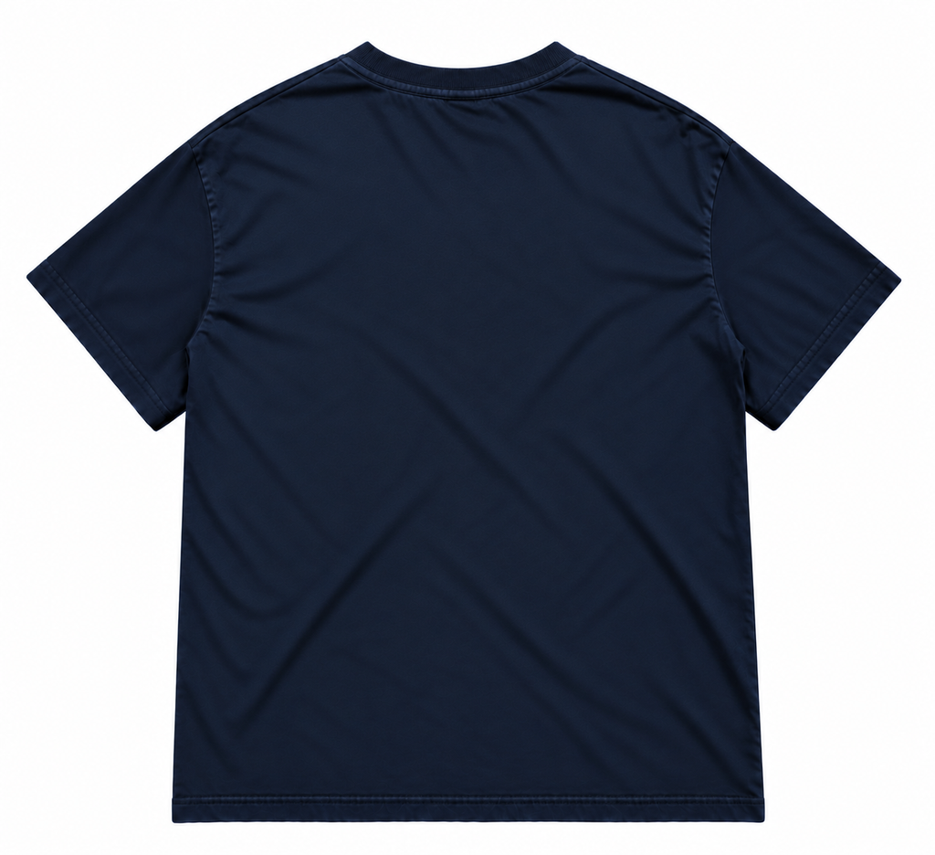 Back view of the heavyweight men’s Cigarettes & Alcohol T‑shirt in navy, displaying blank sleeves and back.