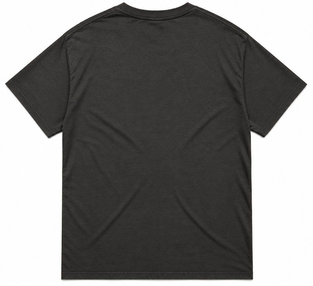 Tambourine Genius men's tee back view in coal black, showing a plain blank rear, side seams and a subtle neck tag.