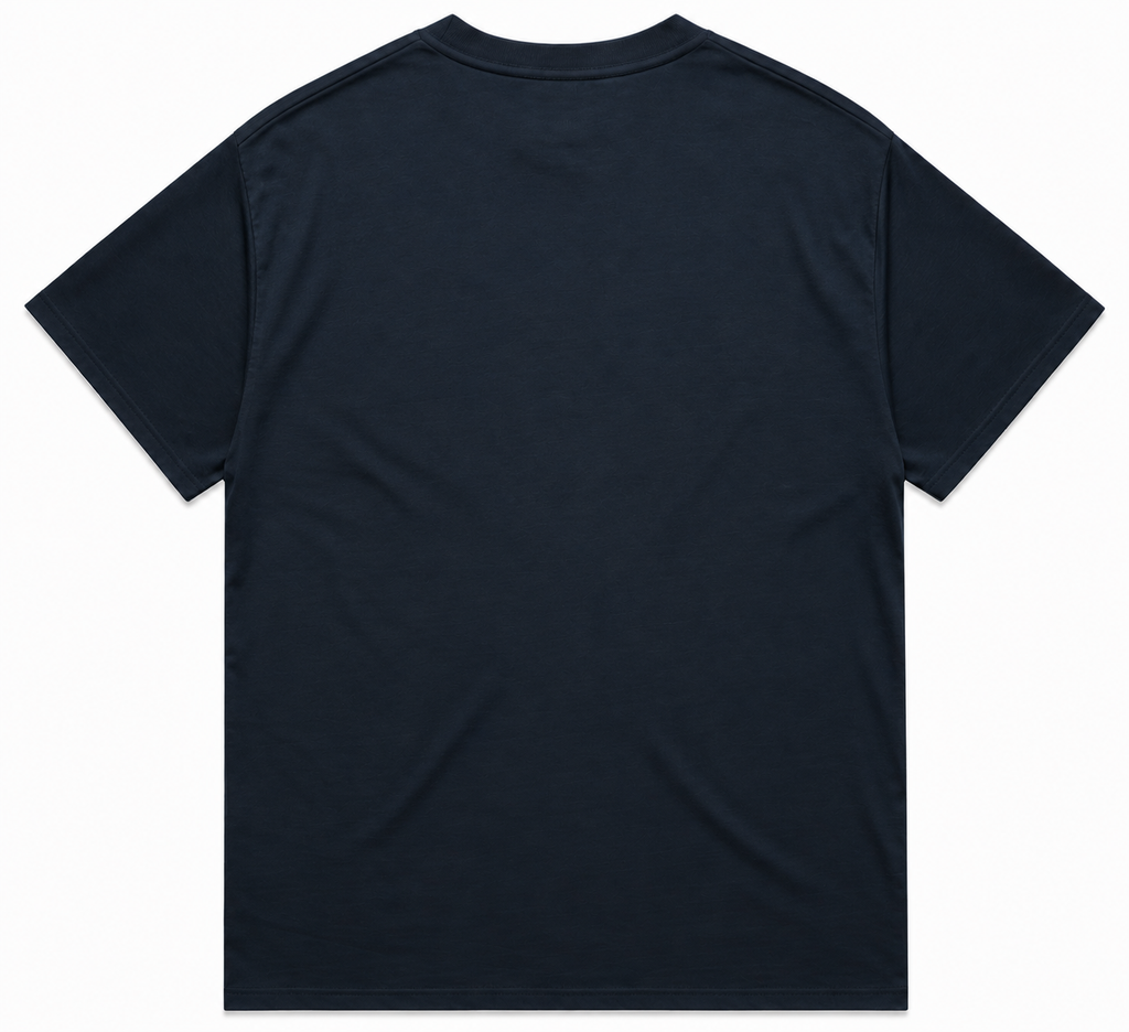 Featherweight Champion men’s tee back view, navy cotton shirt with short sleeves.